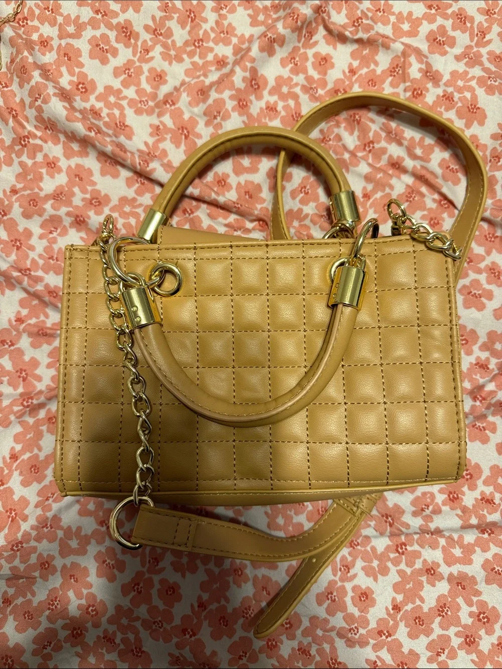 Steve Madden Quilted Tan Satchel with Gold Chain Accents